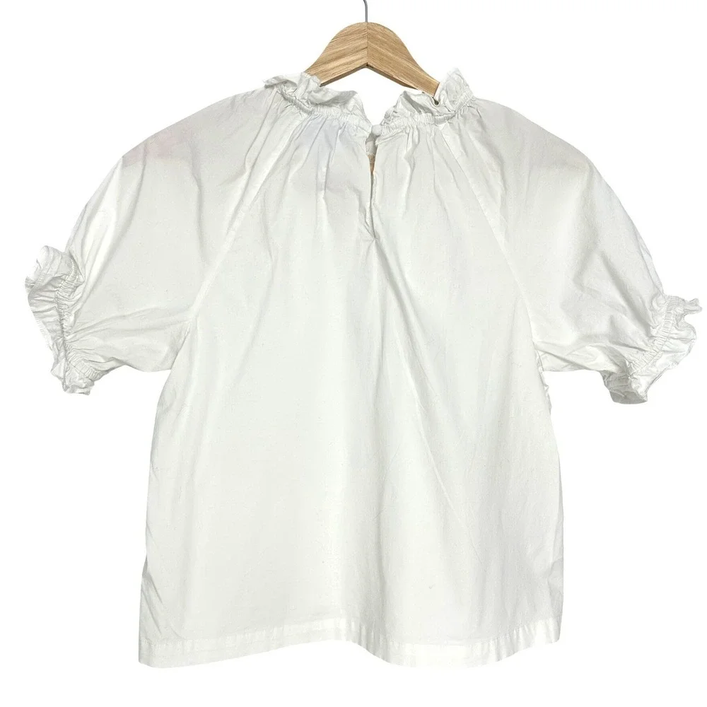 Hill House The Kit Top Puff Sleeve Ruffle Neck Blouse‎ Cotton White XS